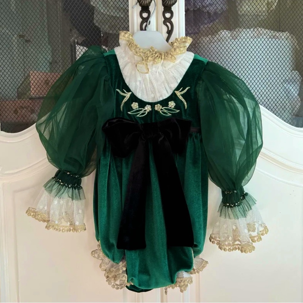 Petite Maison Aurora Royal Green Velour Romper